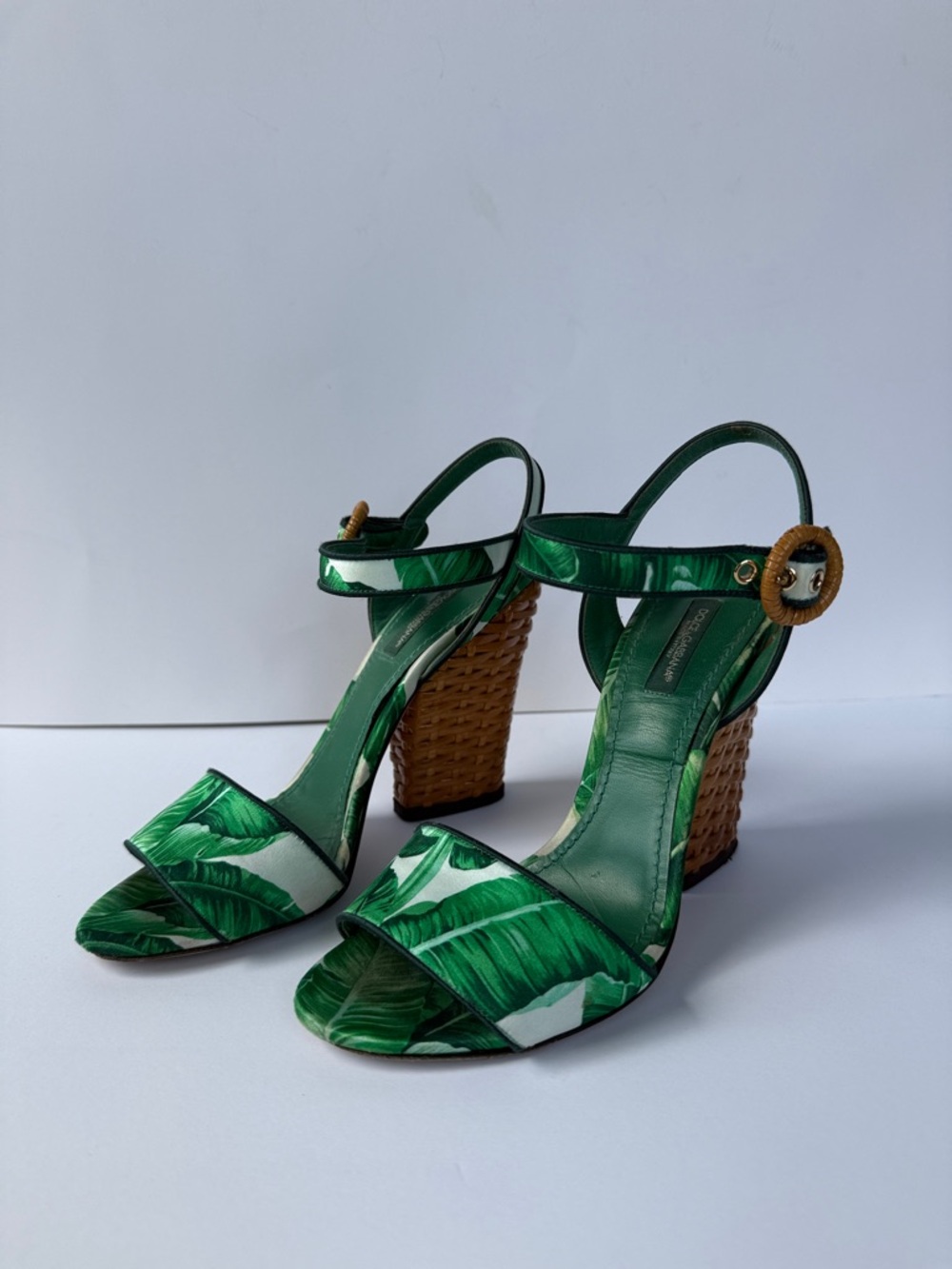 Dolce & Gabbana Palm-Print Green Banana Leaf Raffia Block Heel Sandals size 7 - Picture 5 of 17